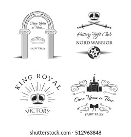 Royal Elements Set Labels. Crown, Castle, Knight s Sword. Shield Vector Illustration