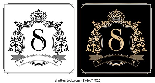 SO königliches Emblem mit Kronen, Anfangsbuchstaben und grafischem Namen Rahmen Grenze der Blumendesigns mit zwei Variationen Farben, Satz goldgerahmte Etiketten mit Blumen für Insignien, Anfangsbuchstabenname der Hochzeit