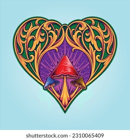 Royal engraving heart shape ornament with magic mushroom illustrations vector illustrations for your work logo, merchandise t-shirt, stickers and label designs, poster, greeting cards advertising