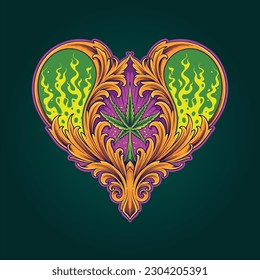 Royal engraving heart shaped ornament cannabis leaf illustrations vector for your work logo, merchandise t-shirt, stickers and label designs, poster, greeting cards advertising business company.