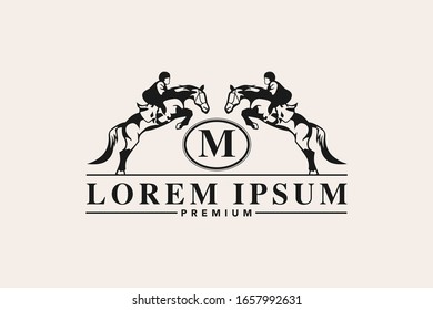 royal equestrian logo. horse with jockey initial monogram vector template 