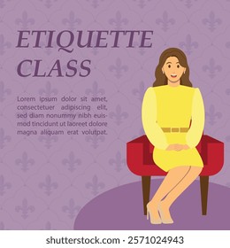 Royal etiquette class square template. Lady sitting with manner illustration with purple fleur de Lis pattern background.