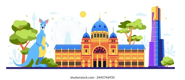 Royal Exhibition panorama - modern colored vector illustration with palace located in Melbourne, Australia and contemporary skyscrapers. Kangaroo as a national animal. Heritage and culture idea