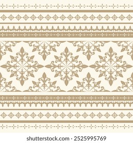 Royal Exquisit detailliert von Gold Stickerei Ornament auf beigem Hintergrund nahtlose Muster Vektor. Luxus Haute Couture Thema Textil, Textur, Tapete, Schal, Reich, teuer, klassisch, Fleur de lis