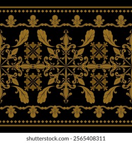 Royal Exquisitely Detailed of Golden Silk Florals Decoration with Scroll Ornament Luxury Embroidery Weaves Border Pattern on Black Background. Classy Detailed Victorian Geometric  Haute Couture Vector