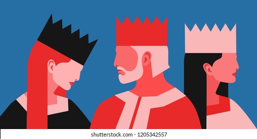 Royal family. Abstract characters with crowns on their heads. Vector illustration