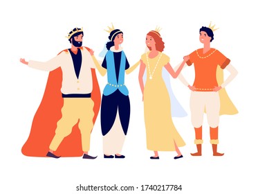 The royal family. Cartoon queen king princess and prince. Isolated women men in medieval suits, acting theater troupe vector illustration