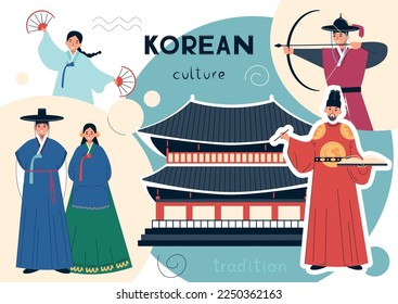 Royal family composition with collage of flat human characters in traditional costumes pagoda building and text vector illustration