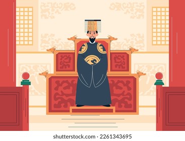 Royal family flat composition with indoor scenery and front view of king wearing hanbok on throne vector illustration