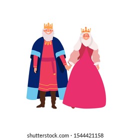 Royal family flat vector illustration. Smiling medieval queen and king in historical costumes cartoon characters. Kingdom rulers, monarchy couple isolated on white background. Emperor and empress.