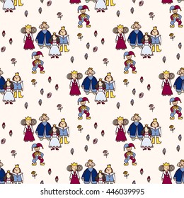 royal family with jester and flowers fun graphic vector pattern for fabric,scrap-booking and web design