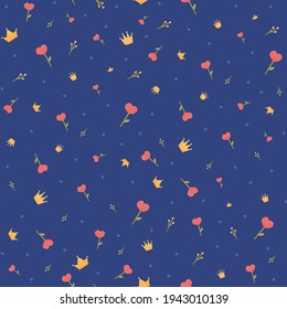 Royal family pattern on dark blue background with crowns and love flowers, fairy tale seamless ornament