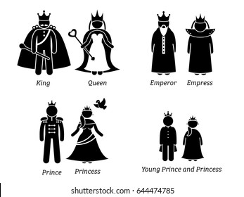 Royal Family. Pictogram set depicts the cartoon characters of the king, queen, emperor, empress, prince, princess, and the royal children.