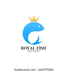 Royal fish logo template. Creative vector template of sea food symbol, fishing club logo or online shop icon. Icon of fish with gold crown. Vector illustration.