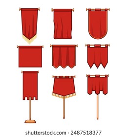 royal flag set cartoon. medieval red, ribbon pennant, gold cloth royal flag sign. isolated symbol vector illustration