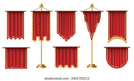 Königsflaggen. Roter Stoffwiese auf goldenem Ständer und hängende Regal-mittelalterliche senkrechte Fahne-Banner-Vektorset mit Blindfarbenflags-Illustration