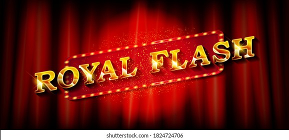 Royal flash banner template. Vector illustration on a red curtain background. Beautiful gold letters