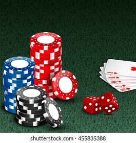 Royal flash with chips and dice on green.Vector