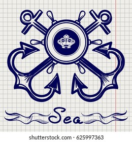 Royal fleet emblem design with hand drawn elements on notebook page. Vector illustration
