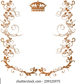Royal floral frame with crown isolated on white background gold color