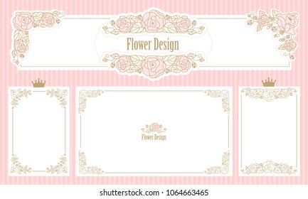 Royal floral frame. Set of flower borders. Vintage wedding invitation. Cute web banner corner. Template for little princess. Pink rose with gold thin line ornament.Classic victorian elements of design