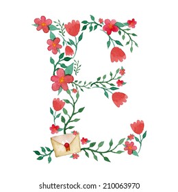 Royal floral monogram E painted with watercolor