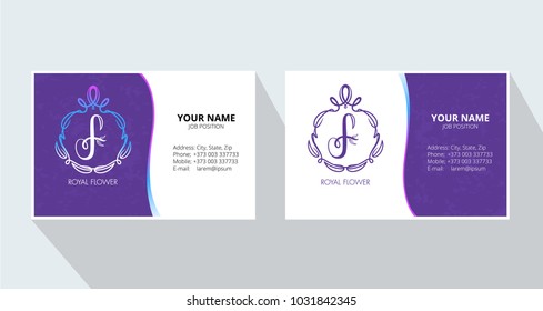 Royal Flower  Logo Template.  Corporate Business card.  Monogram design elements, Royal Flower on a purple background. Calligraphic elegant line art logo design. Element for design business cards.