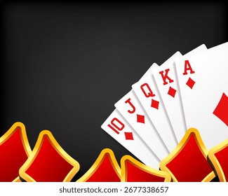 Royal Flush background. Combination of royal flush and diamonds suit icon. Vector 3d clipart.