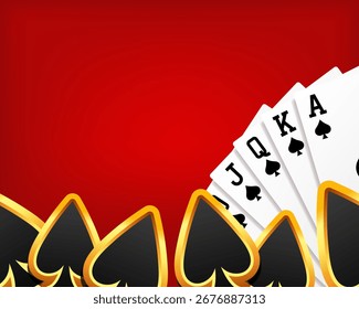 Fundo Royal Flush. Combinação de ícone de naipe real e spades. Clipart 3d vetorial.