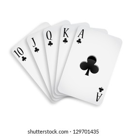 royal flush clubs against white background, abstract vector art illustration; image contains transparency