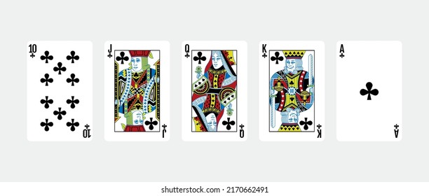 Royal flush clubs five card poker hand playing cards deck