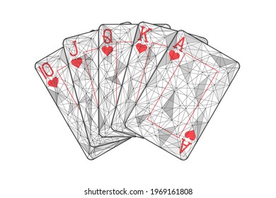 Ruido real. Una combinación de jugar a las cartas en el póker. Construcción poligonal de líneas y puntos conectados.