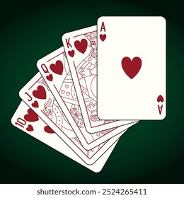 Royal Flush combination, Poker playing cards set. Vector illustration.