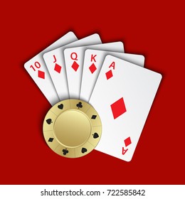 A royal flush of diamonds with gold poker chip on red background, winning hands of poker cards, casino playing cards and chip