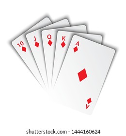 A royal flush of diamonds on white background, winning hands of poker cards, casino playing cards, vector poker symbols