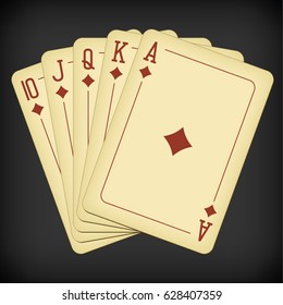 Royal Flush of diamonds - vintage playing cards vector illustration