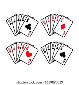 Royal flush hand of clubs, diamonds, hearts and spades playing cards deck colorful illustration. Poker cards, jack, queen, king and ace vector.