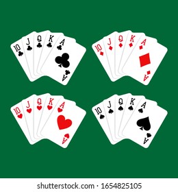 Royal flush hand of clubs, diamonds, hearts and spades playing cards deck colorful illustration. Poker cards, jack, queen, king and ace vector.