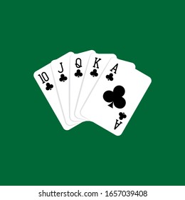 Royal flush hand of clubs, playing cards deck colorful illustration. Poker cards, jack, queen, king and ace vector.