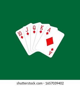 Royal flush hand of diamonds, playing cards deck colorful illustration. Poker cards, jack, queen, king and ace vector.