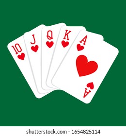 Royal flush hand of hearts, playing cards deck colorful illustration. Poker cards, jack, queen, king and ace vector.