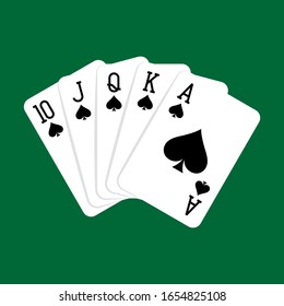 Royal flush hand of spades, playing cards deck colorful illustration. Poker cards, jack, queen, king and ace vector.