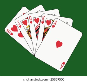 Royal flush heart on green