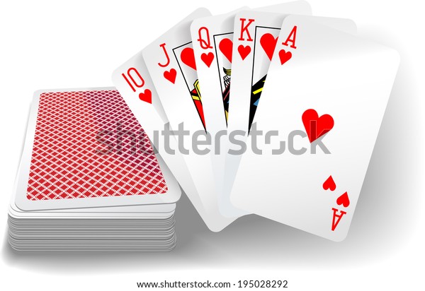 Royal flush hearts five card poker hand playing\
cards deck
