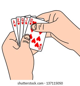 A royal flush in hearts in hand isolated on white background