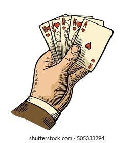 Royal flush in hearts. Male hand holding a  playing cards. Vector color vintage engraving illustration for poster, label, banner, web. Isolated on white background