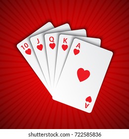A royal flush of hearts on red background, winning hands of poker cards, casino playing cards
