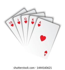 A royal flush of hearts on white background, winning hands of poker cards, casino playing cards, vector poker symbols