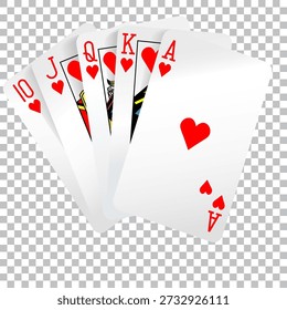 Royal Flush Hearts Playing Cards Isolated on Transparent Background
