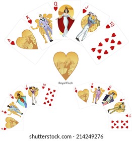 Royal Flush Hearts Poker Winning Combination Three Color Variations Of Characters Mafia Card Set